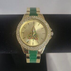 Kate Bissett Green & Gold Metal Christmas Tree Cuff Crystal Watch